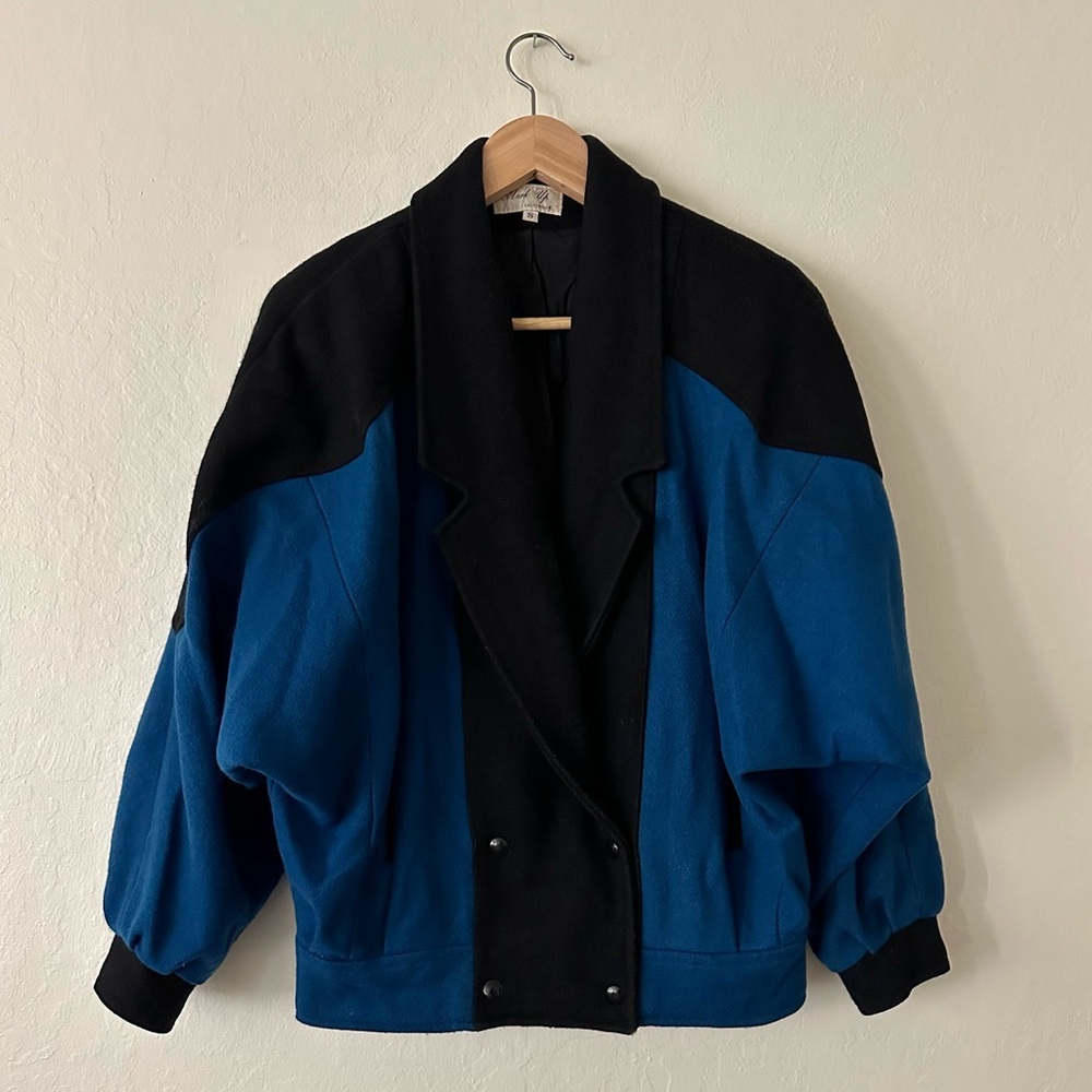 Vintage 80s blue & black cropped wool coat women’s small